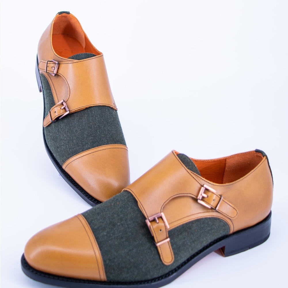 Stitched Leather camel leather and green wool monkstrap shoes
